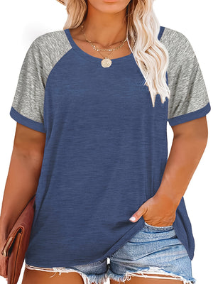 Plus Size Casual T-shirt, Women's Plus Colorblock Short Sleeve Round Neck Slight Stretch T-shirt