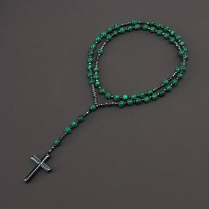 1pc Fashion Retro Style Jewelry, Natural Stone Round Beads Malachite Hematite Cross Religious Rosary Beads Men's Long Necklace, For Daily We