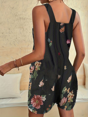 Floral Print Sleeveless Romper with Front Pocket - Casual Everyday Women's Outfit