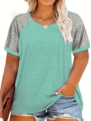 Plus Size Casual T-shirt, Women's Plus Colorblock Short Sleeve Round Neck Slight Stretch T-shirt