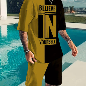 "Men's Summer 2Pcs Casual Outfit ""Believe In Yourself"" Motivational Tee and Adjustable Drawstring Shorts - Breathable, Stylish & Versatile