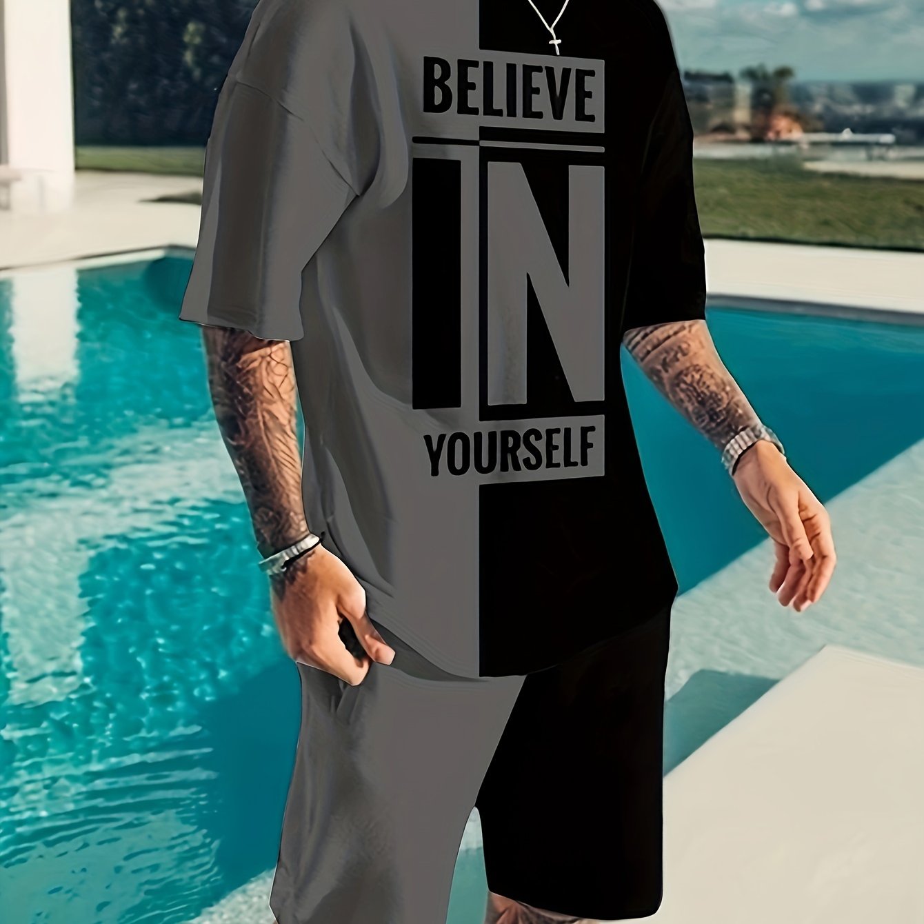 "Men's Summer 2Pcs Casual Outfit ""Believe In Yourself"" Motivational Tee and Adjustable Drawstring Shorts - Breathable, Stylish & Versatile