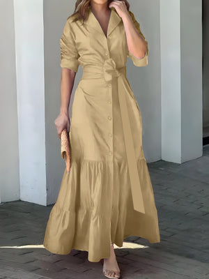 Elegant Maxi Dress with Belt and Ruched Sleeves for Women - Chic Ruffle Trim, Woven Polyester, Ideal for Spring/Fall