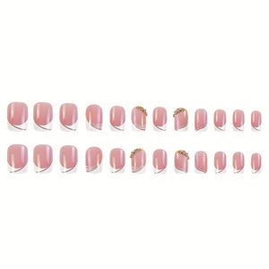 24pcs Glossy Pink Press On Nails with Rhinestone Accents and French White Edge Design - Full Coverage Fake Nails for Women and Girls