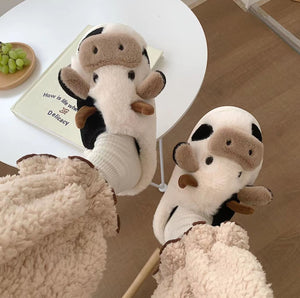 Women's Cartoon Cute Cow House Slippers, Warm Plush Lined Home Slippers, Women's Cozy Indoor Shoes