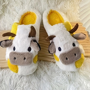 Women's Cartoon Cute Cow House Slippers, Warm Plush Lined Home Slippers, Women's Cozy Indoor Shoes