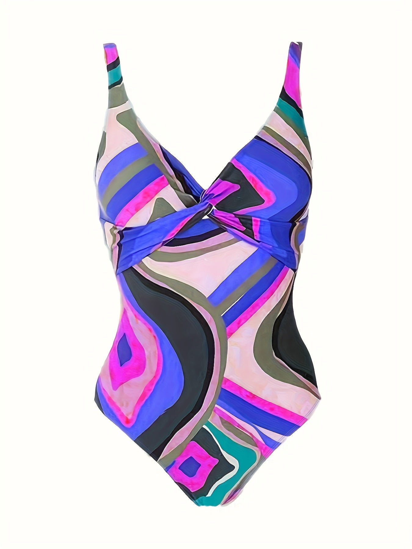 Plus Size Elegant Tankini Set, Women's Plus Geo Print Twist Front One Piece Swimsuit & Knot Side Cover Up Skirt Bathing Suit 2 Piece Set