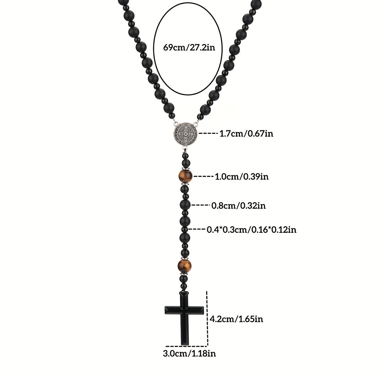 1pc Natural Volcanic Rock Black Agate Yellow Tiger Eye Tag Cross Pendant Rosary Necklace Jewelry For Men And Women