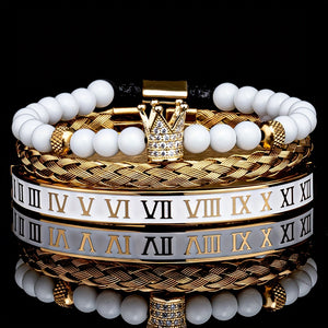 Luxury Crown Charm Golden Skull Bracelet, Stainless Steel Men's White Enamel Roman Numerals Bangle Fashion Jewelry