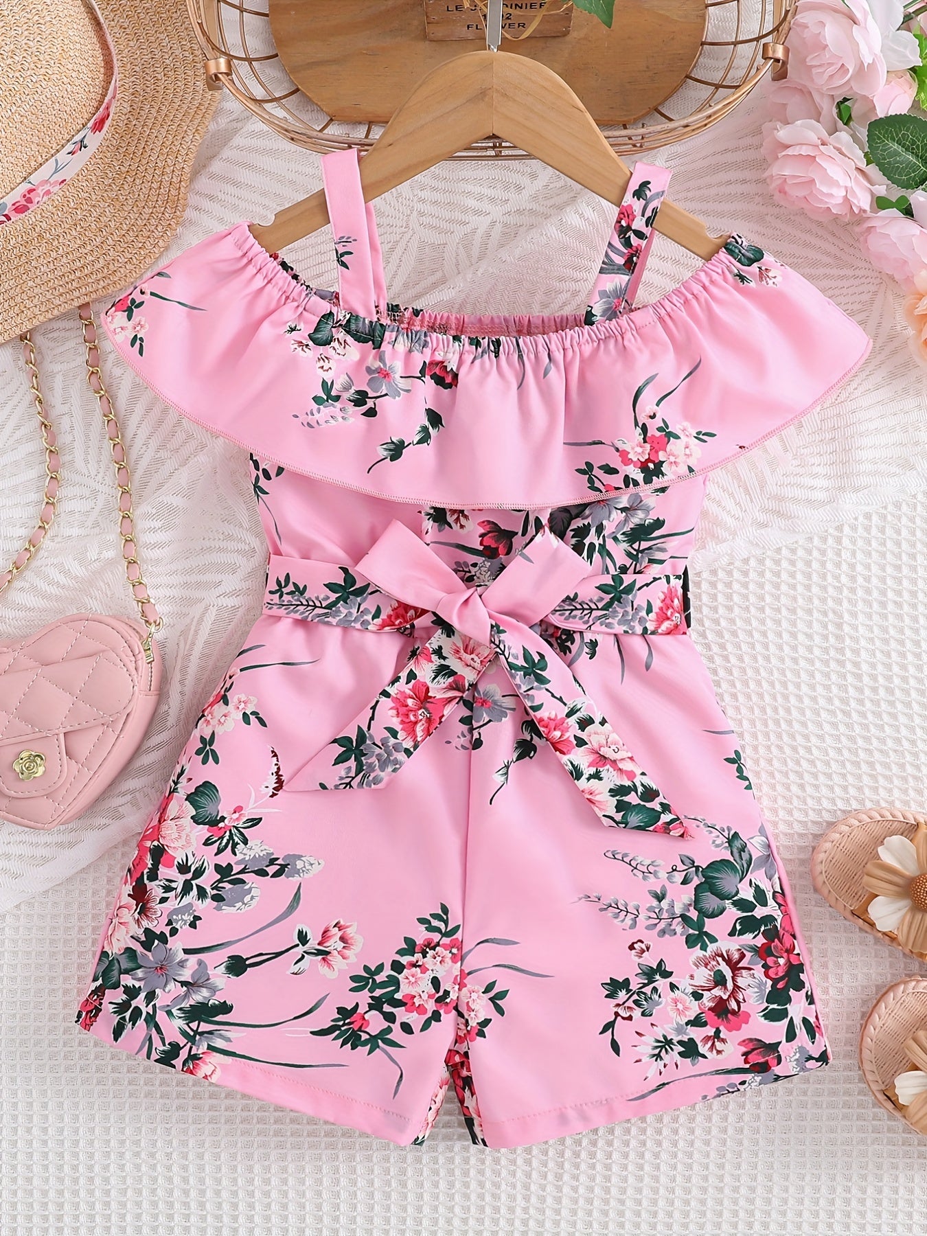 Girls Casual Ruffled Off-Shoulder Dress Flower Graphic Jumpsuit For Summer Girls Clothes