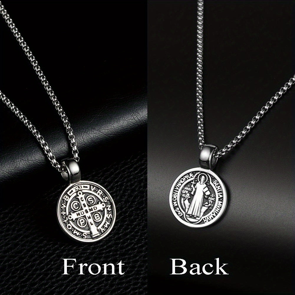 Men's St Benedict Exorcism Medal Stainless Steel Pendant Necklace