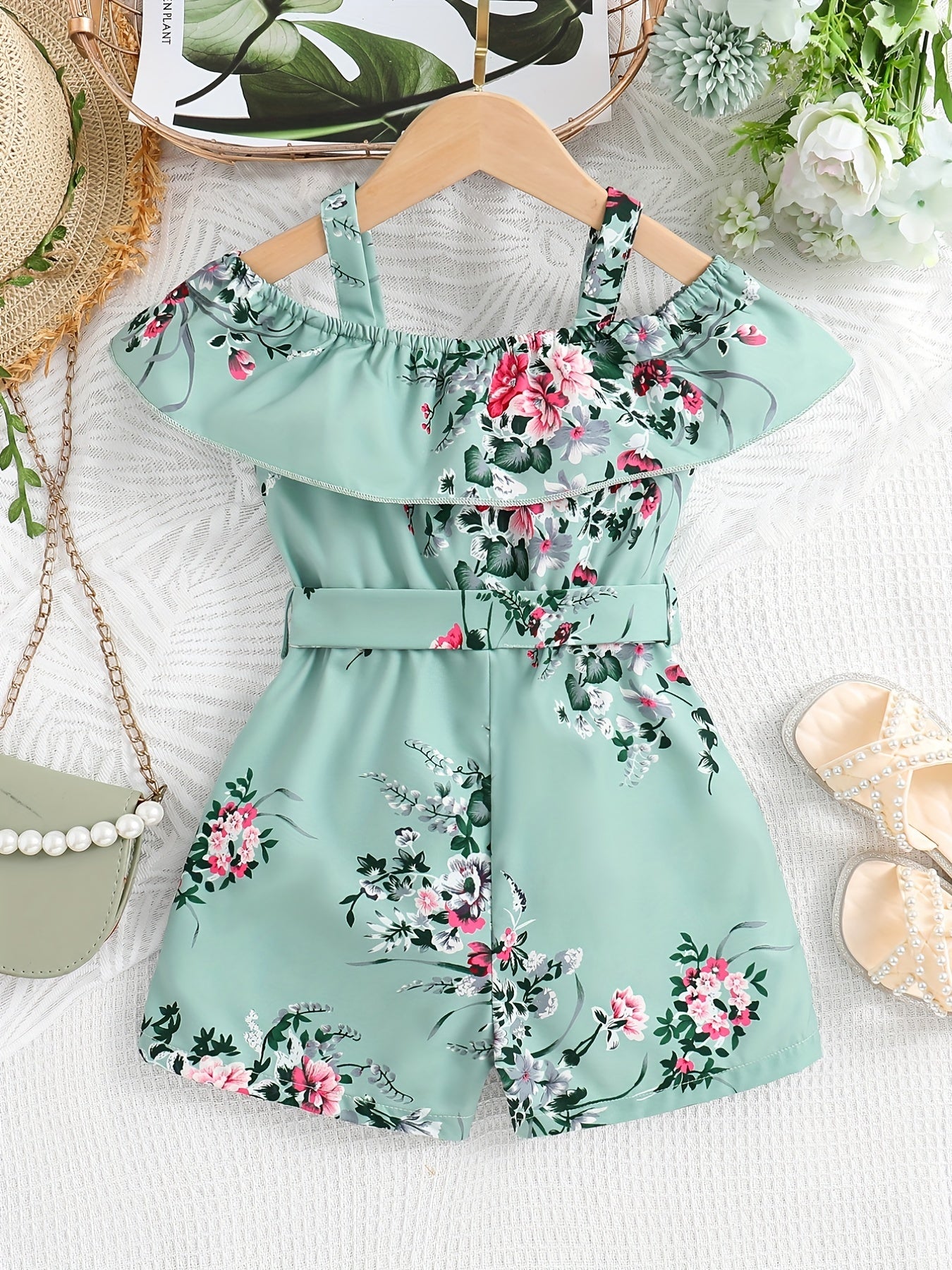 Girls Casual Ruffled Off-Shoulder Dress Flower Graphic Jumpsuit For Summer Girls Clothes