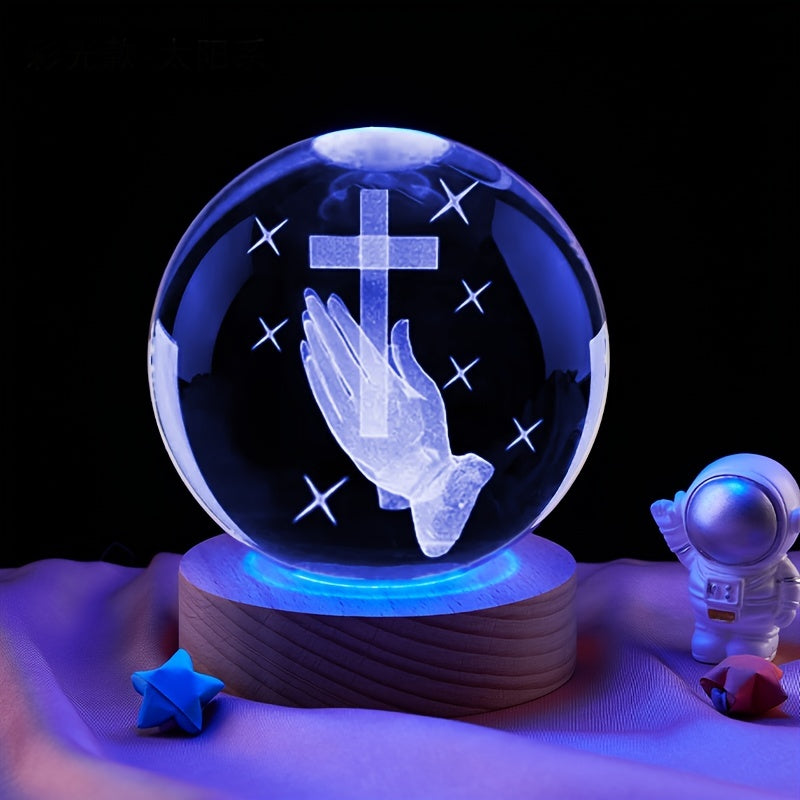 1pc 3D Crystal Ball Cross Ln Hand With Multicolor LED Night Light,Praying Hands Gifts For Women Man Christian