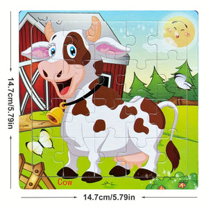 5.79in/14.7cm 20pcs/pack Wooden Puzzle Cartoon Animals Car Letter Number Pattern Jigsaw Puzzles Game, Kids Educational Learning Toys For Chi