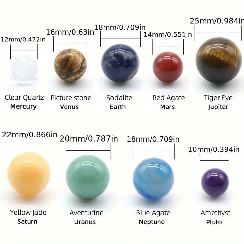 Solar System Planet Balls - Set of 9 Natural Crystal Gemstone Ornaments for Desk & Home Decor, Ideal Gift for Astronomy Lovers