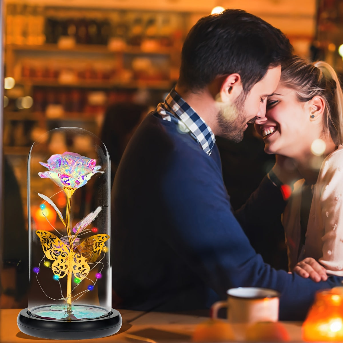 Romantic LED Rose Butterfly Lamp in Glass Dome - Perfect Home Decor and Gift for Weddings, Birthdays, Valentine's Day, and Mother's Day (Bat