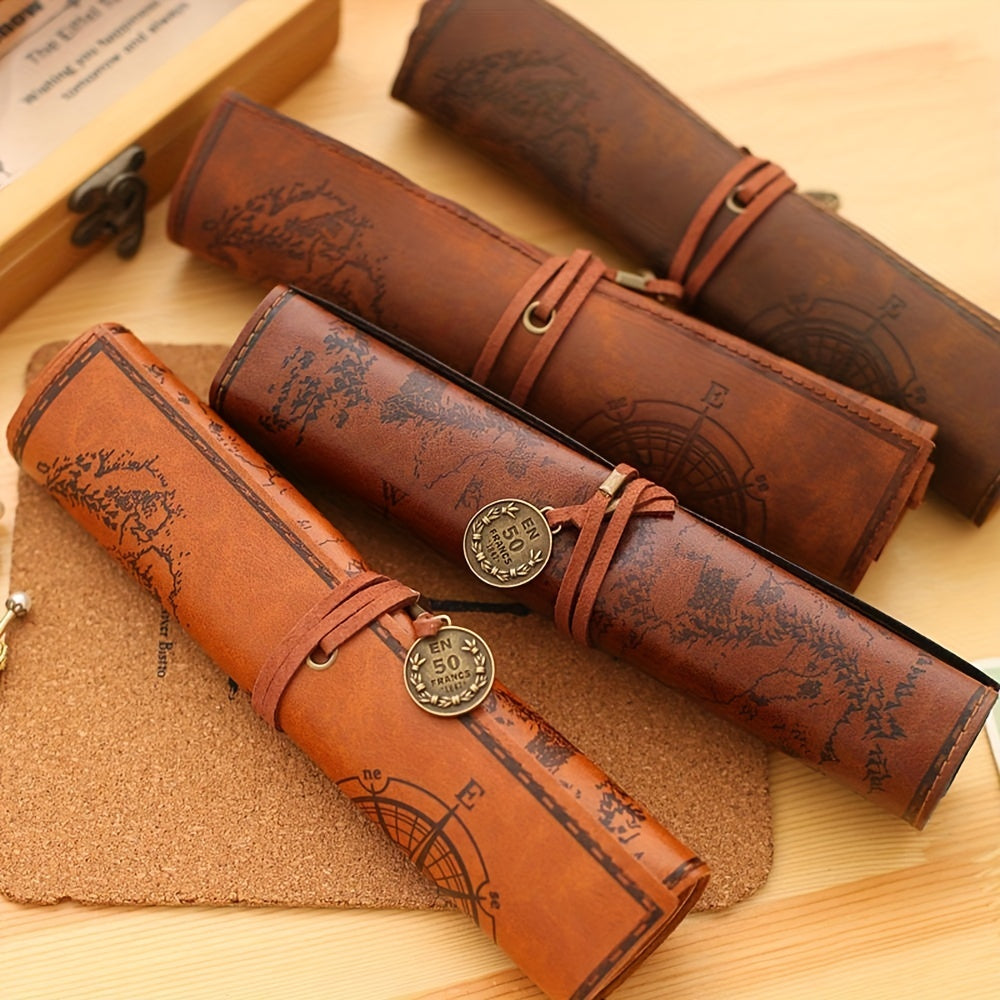 Vintage Retro Treasure Map Luxury Roll Leather Make Up PU Cosmetic Pen Pencil Case Pouch Purse Bag For School HOT