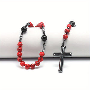 Cross-border Export Natural Stone 8mm Red Pine Stone Black Agate Black Gallstone Cross Rosary Necklace For Men Long Chain