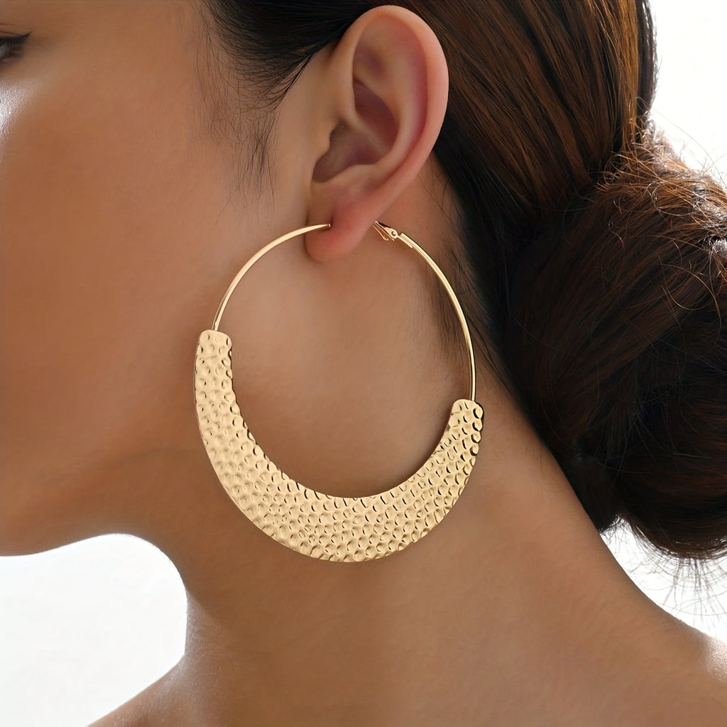 Exaggerated Large Hollow Round Hoop Earrings With Hammered Alloy Jewelry Simple Vintage Style For Women Girls Party Ear Decor