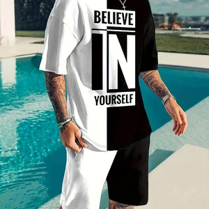 "Men's Summer 2Pcs Casual Outfit ""Believe In Yourself"" Motivational Tee and Adjustable Drawstring Shorts - Breathable, Stylish & Versatile