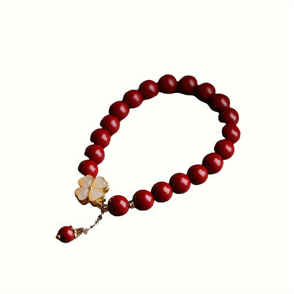 1pc Natural Cinnabar Clover Lucky Bracelet, Unisex Gifts For Various Holidays, Christmas Gifts