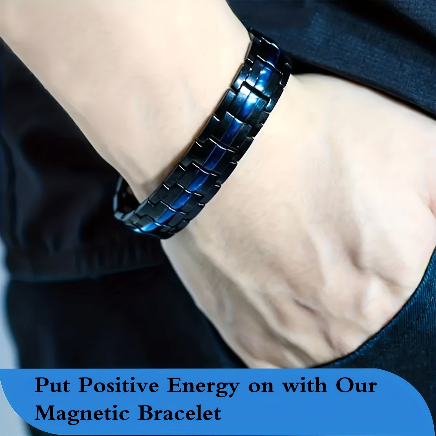 1pc Magnetic Bracelet For Men, Titanium Steel Magnetic Bracelet, For Men With Double Row Magnets, Adjustable Black & Blue Line Design, Yoga