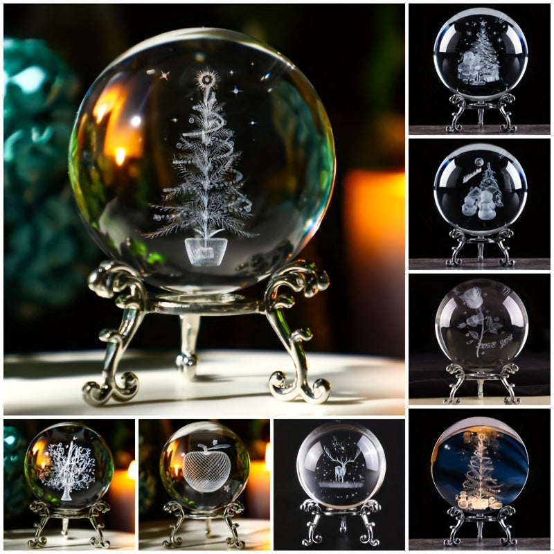 1pc 3D Laser Carved Christmas Tree Glass Ball, Elderly Man, Elk Crystal Ball With Silver Base, Desktop Decoration, Christmas Gift For Girlfr