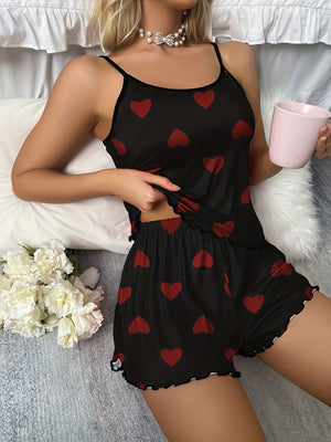 Women's Chic Heart Pajama Set – Sleeveless Scoop Neck Top & Lettuce Trim Shorts, Comfortable All-Season Sleepwear