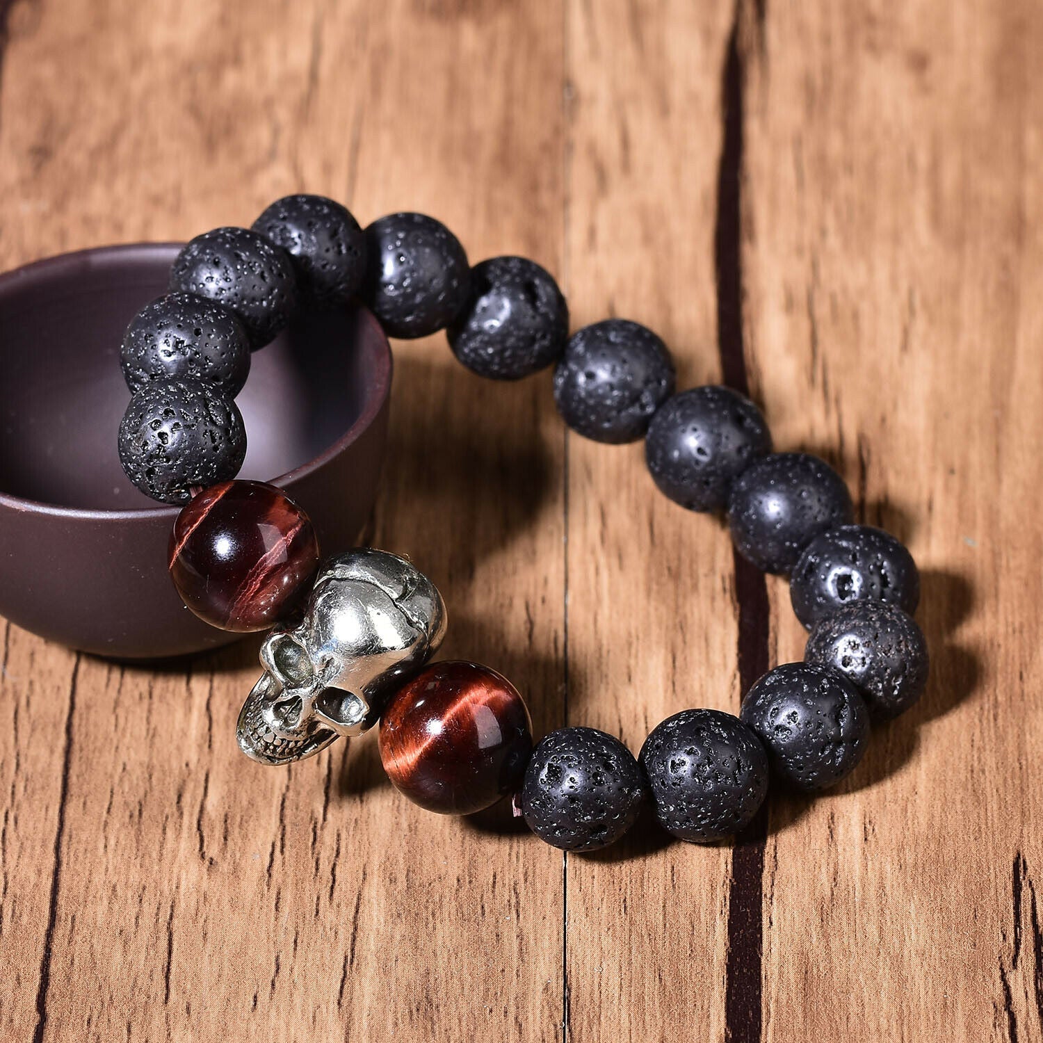 Natural Lava Bracelet Reiki Style Skull Fashion Chakra Crystal Beads Men Women