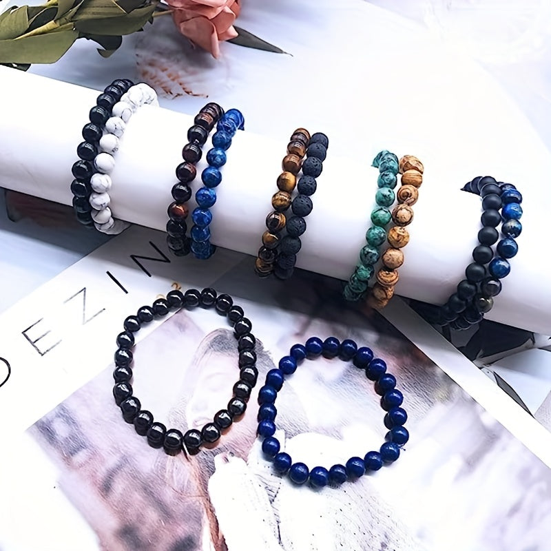 10pcs 8mm Semi Precious Stone Bracelet Round Beaded Bracelet, Crystal Heal Stretch Beaded Bracelets For Men, Bracelet Unisex, For Men And Wo