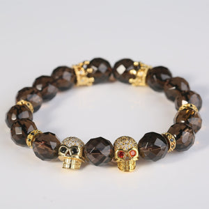 Bracelets Men Fashion Jewelry Twin Skulls Smoky Quartz Citrine Healing Gothic