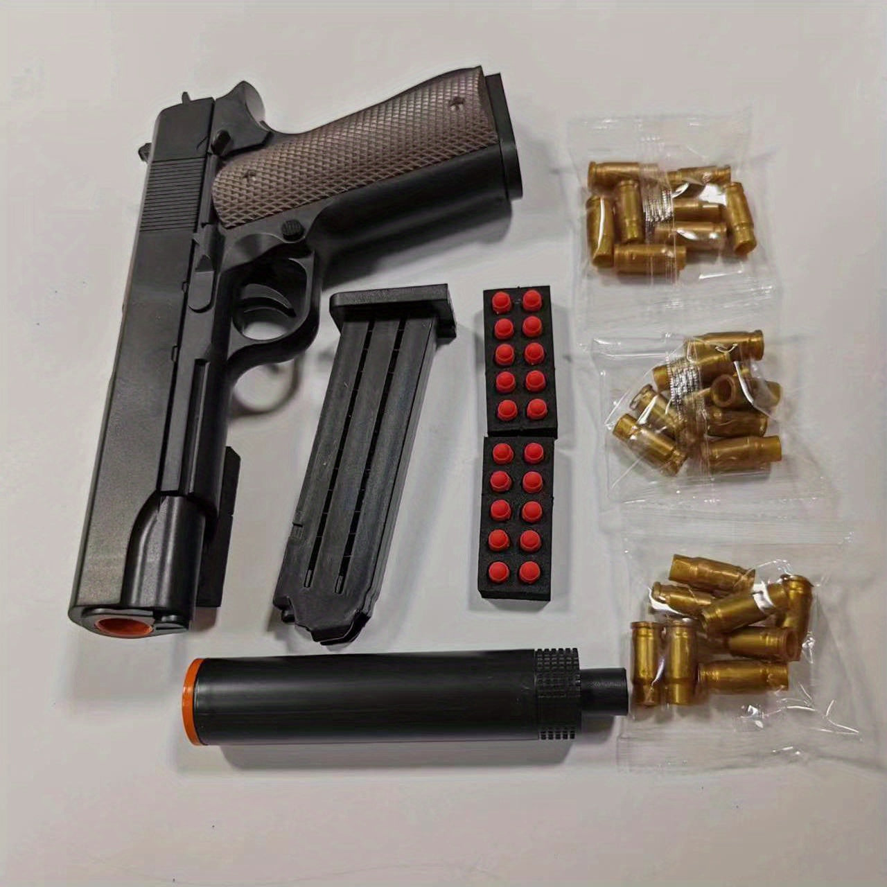 (Upgraded Won't Be A Card Shell) 48pcs M1911 Toy Gun Set (1 Toy Gun + 24 Egg Shell + 20 Bullets + 1 Silencer + 2 Bullet Clips) Halloween Tha