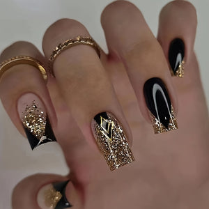 24pcs Short Square Shape Press On Nails, Fake Nail With Golden Glitter Powder Decor,  Golden Black Fake Nails,  Glossy  Acrylic Full Cover N