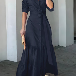 Elegant Maxi Dress with Belt and Ruched Sleeves for Women - Chic Ruffle Trim, Woven Polyester, Ideal for Spring/Fall