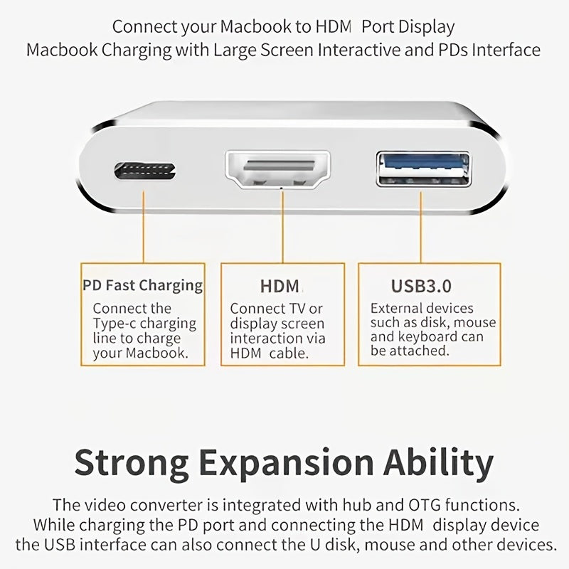 3 In 1 Type C To 4K HDMI-compatible USB 3.1 Charging Adapter USB C Hub USB 3.1 Dock Station Splitter For Laptop Macbook Air Pro.