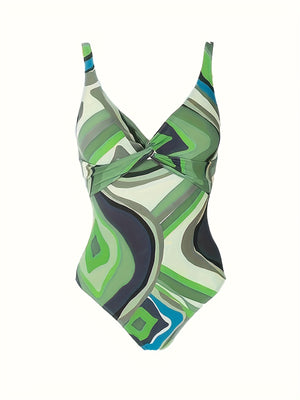 Plus Size Elegant Tankini Set, Women's Plus Geo Print Twist Front One Piece Swimsuit & Knot Side Cover Up Skirt Bathing Suit 2 Piece Set