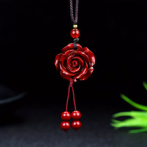 Natural Cinnabar Double Sided Carved Rose Necklace Pendant Good Luck Necklace