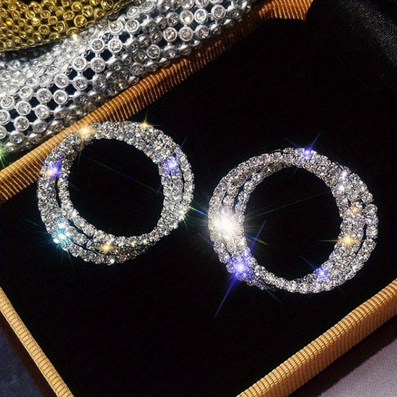 3-layer Sparkling Zircon Decor Hoop Earrings Elegant Sexy Style Silver Plated Jewelry Daily Casual