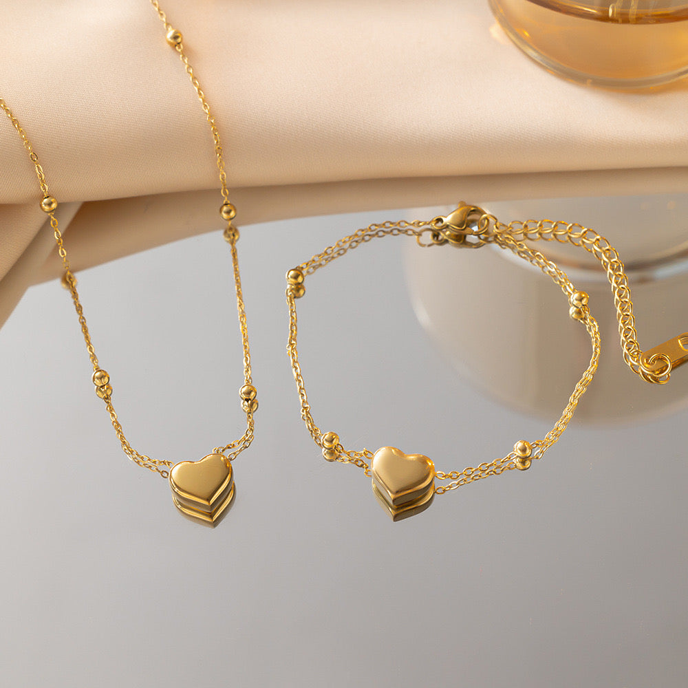 Golden Color Heart Shaped Necklace and Bracelet set for Women Gifts for Women