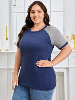 Plus Size Casual T-shirt, Women's Plus Colorblock Short Sleeve Round Neck Slight Stretch T-shirt