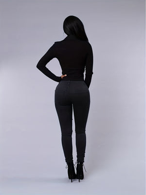 Elegant High-Stretch Skinny Jeans for All Seasons, Ripped with Chain Detail, Mid-Waist Comfort Fit Denim