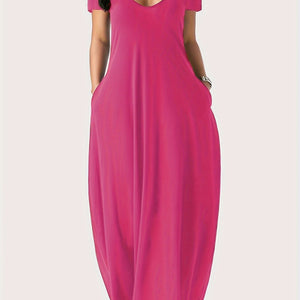 Elegant & Versatile Maxi Dress - Short Sleeve, Pockets, Mid-Elasticity for Women, Ideal for Spring to Fall