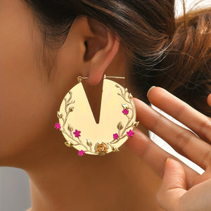 Golden Flower Leaf Hoop Earrings Chunky Personality Ear Accessories For Women