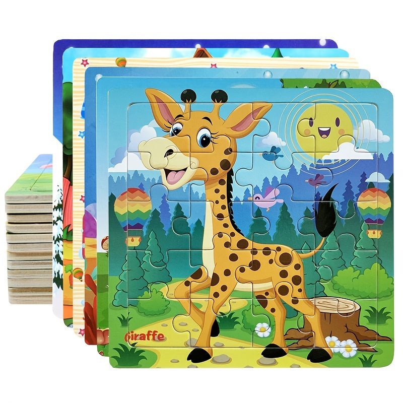 5.79in/14.7cm 20pcs/pack Wooden Puzzle Cartoon Animals Car Letter Number Pattern Jigsaw Puzzles Game, Kids Educational Learning Toys For Chi