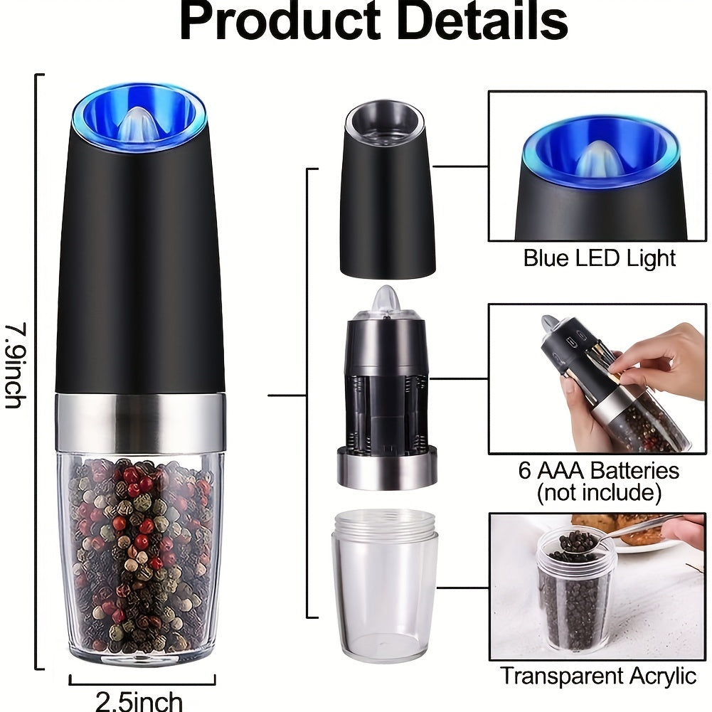 1pc/2pcs Set Gravity Electric Salt and Pepper Grinder, Salt Or Pepper Mill & Adjustable Coarseness, Battery Powered With LED Light, One Hand