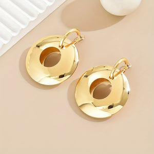 Big Round Ring Dangle Earrings Stylish Metal Feeling Glossy Alloy Jewelry Golden Hollow Out Earrings