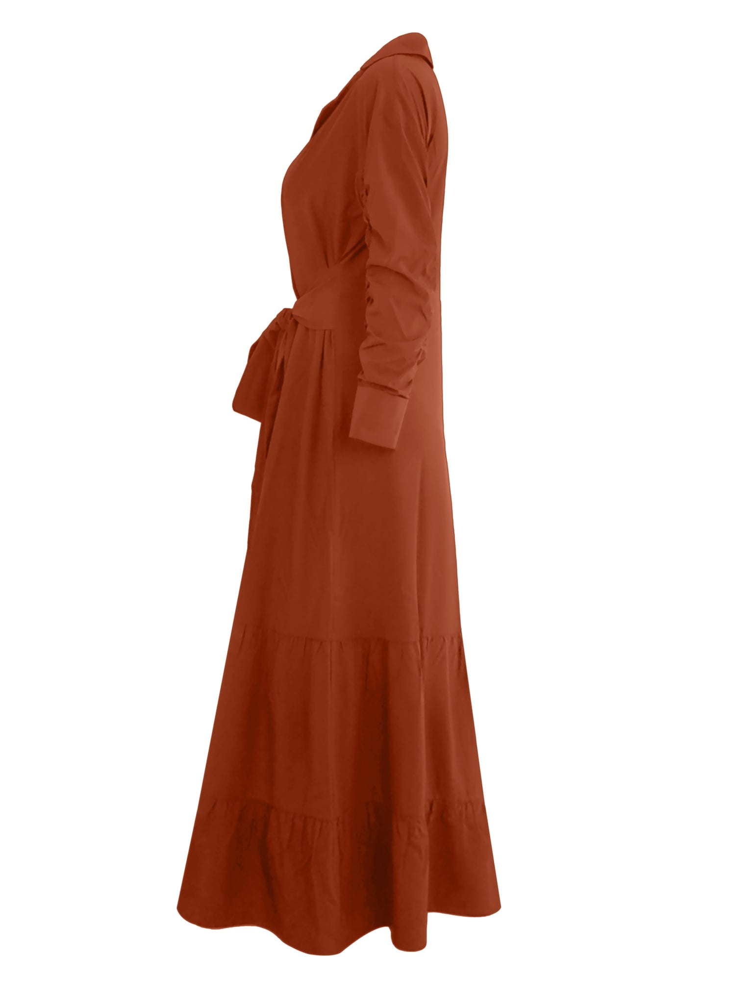 Elegant Maxi Dress with Belt and Ruched Sleeves for Women - Chic Ruffle Trim, Woven Polyester, Ideal for Spring/Fall