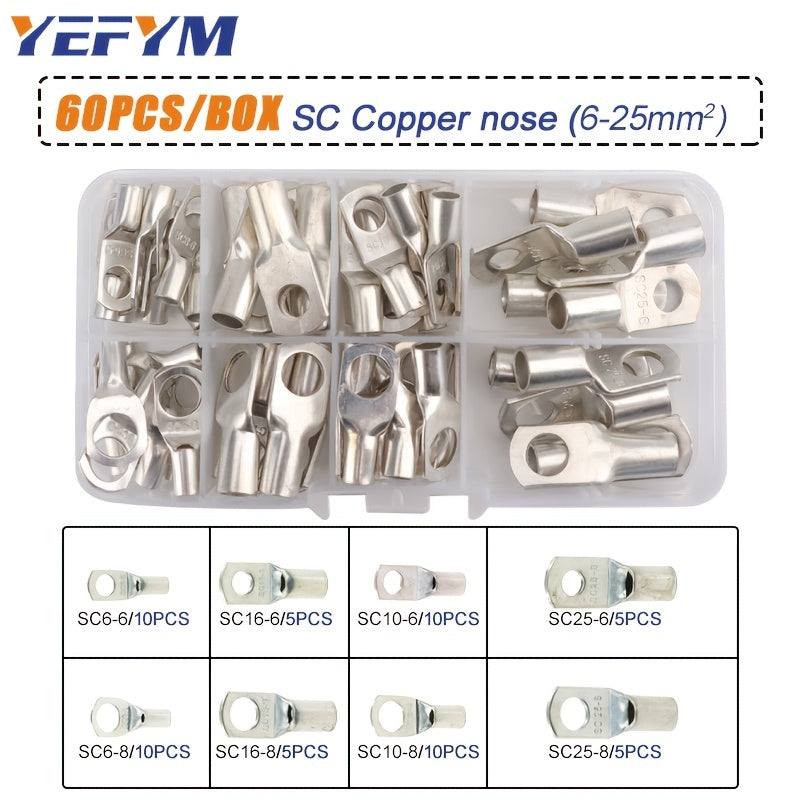 1 Set Battery Cable Copper Lug Crimping Tool, HX-50B 10-1 AWG With 60Pcs Copper Ring Terminals, 8 Sizes Cable Lugs Set