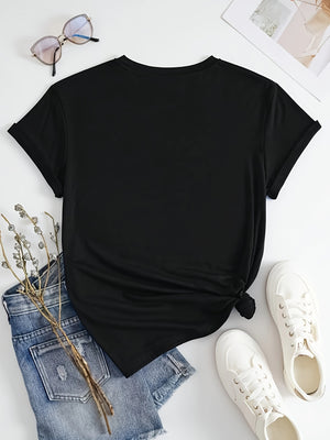 Chic & Trendy Alphabet-Print Crew Neck Tee – Stretchable, Non-Sheer, and Machine-Washable – Your Go-To Top for Spring to Fall