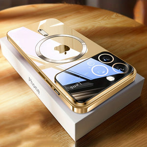 Luxury Magnetic Wireless Charging Transparent Phone Case For IPhone 14 13 12 11 Pro Max 14Plus Plating Silicone Large Window Glass Lens Prot